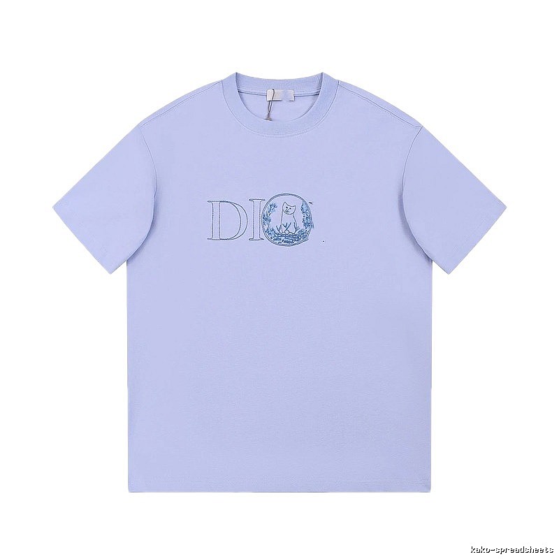 Dior Cat-Embroidered Casual Light Purple Short-sleeve T-Shirt