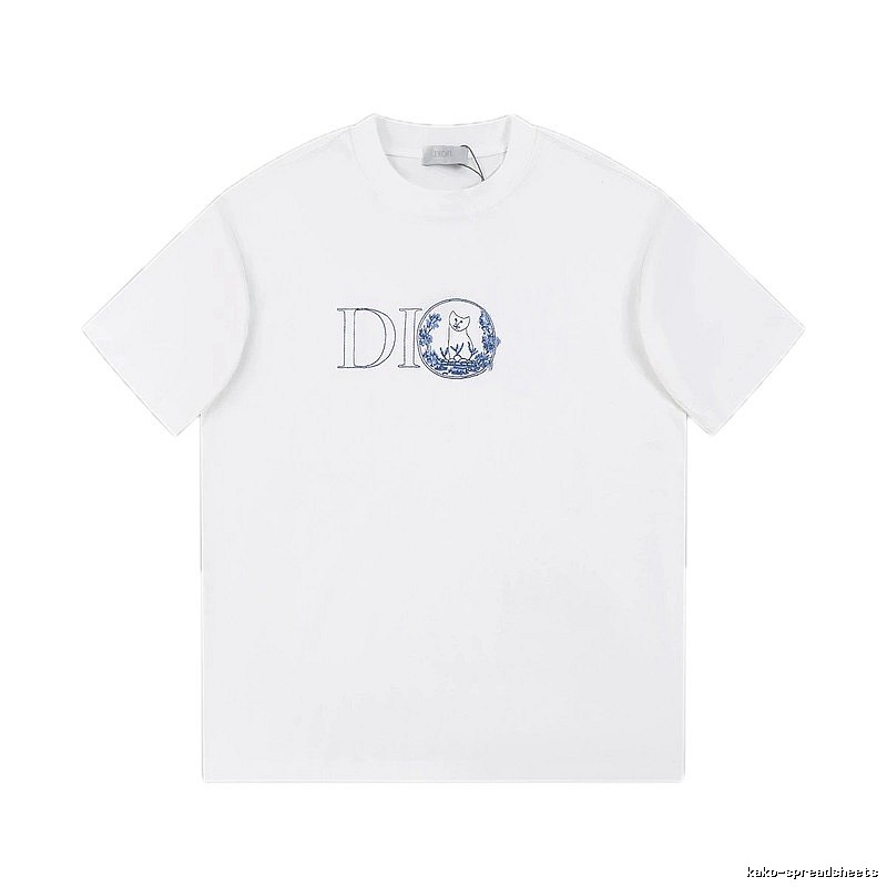 Dior Cat-Embroidered Light Luxury Style White Short-sleeve T-shirt