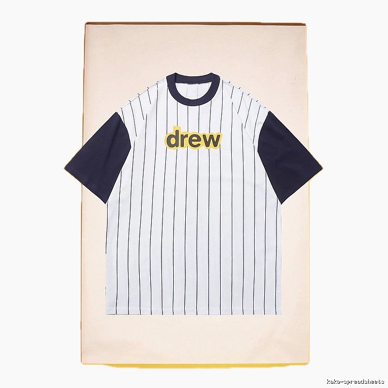 DREW Letter Print Street Style White and Navy Blue Short Sleeve T-Shirt