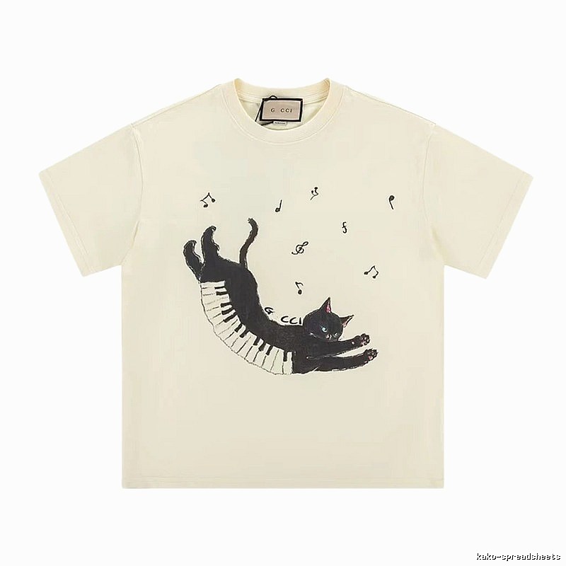 Gucci Artistic Style Cat Print Off-white Short-sleeve T-shirt
