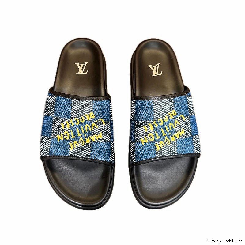 Louis Vuitton Checkerboard Graffiti Style Blue and Black Slides