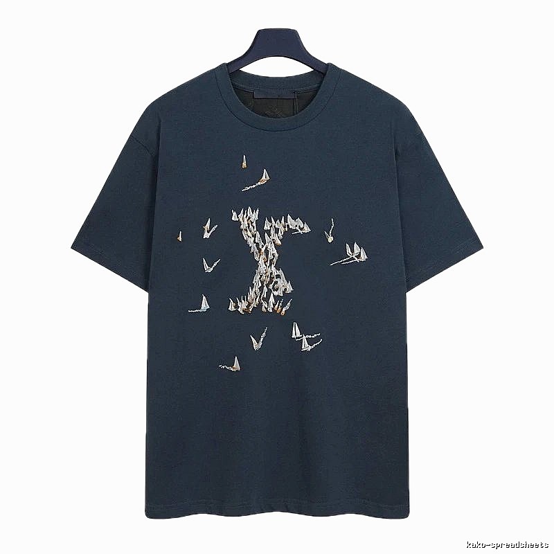Louis Vuitton Light Luxury Style Navy Blue T-Shirt with Sailing Boat Embroidery