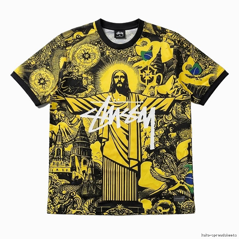 Stussy's religious-style yellow and black short-sleeve T-shirt